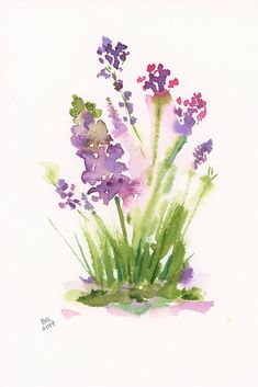 a watercolor painting of purple and green flowers