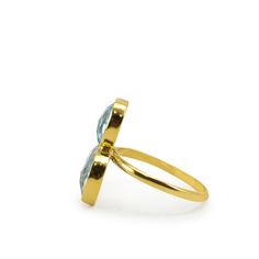 Handmade from 18k gold plated silver in our own workshops in Italy, this ring is set with a trio of sky blue topaz stones that are believed to bring lot of joy, abundance and generosity to the spirit. Understated and elegant, pieces from the 'Brio' collection are inspired by the vibrant colors of southern Italy landscapes. The pale blue hues of the ring complement practically everything whether styled with your daytime tailoring or evening outfits. Presented in its Vintouch signature packaging. Gift Blue Topaz Ring With Polished Finish, Gold Blue Topaz Ring For Gift, Luxury Topaz Ring With Bezel Setting Gift, Luxury Gold Rings With Blue Topaz, Luxury Light Blue Ring For Gift, Gold Blue Topaz Ring With Bezel Setting, Luxury Blue Moonstone Ring Gift, Blue Topaz Ring With Polished Finish, Polished Blue Topaz Ring