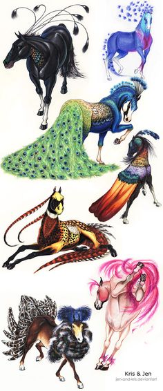 four different colored horses are shown in this drawing style, and each horse has an elaborate tail