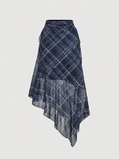 Women's Navy Blue Plaid Asymmetrical Skirt,Bow Tie Skirt, Fall/Winter Women Skirt, ,Homecoming ,Renaissance Pants,Fall Wedding Guest Skirt,Party,Old Money Style,Elegant,Office Work Wear Women Skirt,Brunch,Back To School,Business Casual Women,Basic,Teacher,Cute,90s Outfit,Goth,Korean Fashion,Renaissance Fair,Long Skirts Blue Casual   Knitted Fabric Plaid Asymmetrical Medium Stretch  Women Clothing, size features are:Bust: ,Length: ,Sleeve Length: Blue Fitted Skirt With Asymmetrical Hem, Bohemian Asymmetrical Maxi Skirt For Party, School Business Casual, Wedding Guest Skirt, Business Casual Women, Blue Plaid Skirt, Office Work Wear, Skirt Bow, Fall Wedding Guest