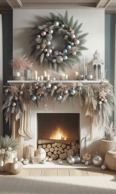 a fireplace decorated with christmas decorations and candles