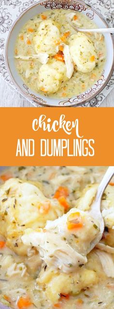 chicken and dumplings in a white bowl