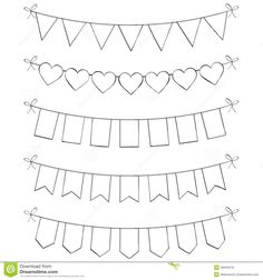 a set of bunting flags with hearts hanging from the top and bottom, on white background