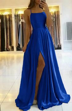 Spaghetti-Straps Prom Dress With Slit PD0178 Satin Royal Blue Prom Dress, Long Blue Formal Dresses, Prom Dresses Blue Satin, Royal Blue Dress Prom Long, Long Royal Blue Dresses, 8th Grade Dance Dresses Long, Prom Dresses Blue Royal, Long Royal Blue Dress, School Prom Dresses