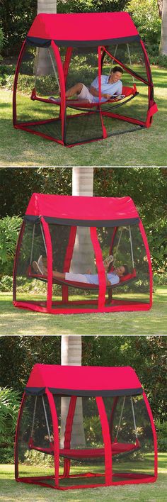 three different views of the inside of a tent with two people in it and one person laying