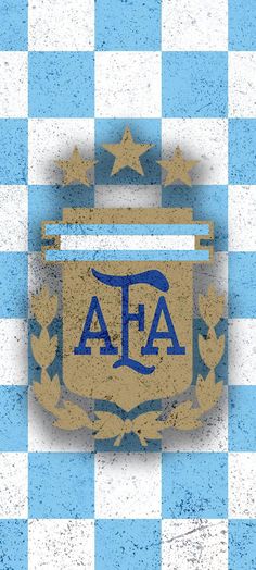 a blue and white checkered wall with an emblem on it