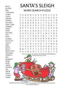 the santa's sleigh word search puzzle is shown in red and white