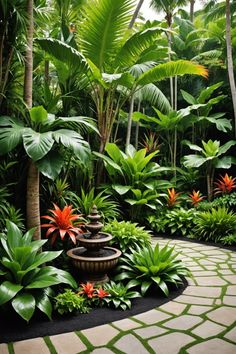 an outdoor garden with lots of tropical plants and flowers in the center, surrounded by greenery