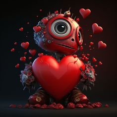 a red robot holding a heart with lots of hearts around it