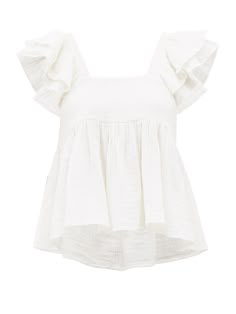 White Astrid ruffle-sleeve cotton top | Anaak | MATCHESFASHION US White Summer Top, Ruffled Tops, Ruffle Tops, White Ruffle Top, Fits Clothes, Ruffled Top, Cute Preppy Outfits, Designer Tops, Stockholm Fashion