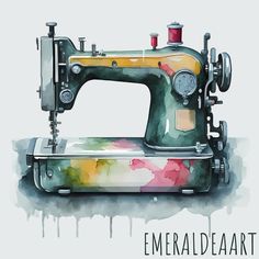 an old sewing machine painted with watercolors on it's side and the words emerald art written below