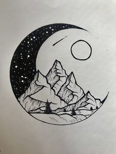 a drawing of mountains and the moon