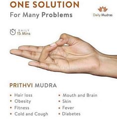 a hand holding something in it with the words, one solution for many problems prithvi mudra