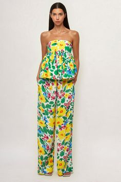 Chic Cotton Strapless Jumpsuit For Spring, Chic Strapless Cotton Jumpsuit For Spring, Spring Bandeau Strapless Jumpsuit For Day Out, Chic Cotton Ruffle Tube Top, Strapless Tube Top With Elastic Waistband For Spring, Straight Leg Pant, Strapless Neckline, Ruffled Top, Skirt Jumpsuit