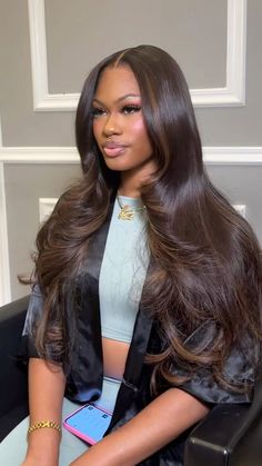 Hair Inspired Black Women, Chocolate Brown Hair With Highlights Black Woman, Brown Weaves Black Women, Brown Hair Colors On Brown Skin, Brown Wig Hairstyles Black Women, Chocolate Brown Hair Black Women, Coco Brown Hair, Dark Brown Hair Black Women, Brown Hair Sew In