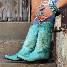 Leather boots are one of favorite things around here! Western Turquoise Boots With Patina, Turquoise Western Boots With Patina, Western Turquoise Boots For Rodeo, Turquoise Western Boots For Ranch, Fitted Turquoise Boots For Ranch, Turquoise Western Boots With Snip Toe, Turquoise Leather Boots For Western-themed Events, Turquoise Patina Boots With Round Toe, Turquoise Cowboy Boots