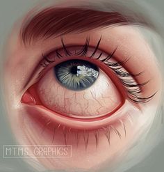 an eye with the iris partially closed and red blood running down it's side