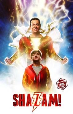 the poster for shazam with two men standing next to each other