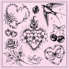 an old school tattoo design with hearts and flowers