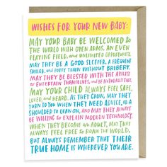 a greeting card with the words, wishes for your new baby in multicolors