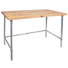 a wooden table with metal legs on a white background