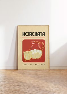 a box sitting on the floor in front of a wall with an advertisement for horchata