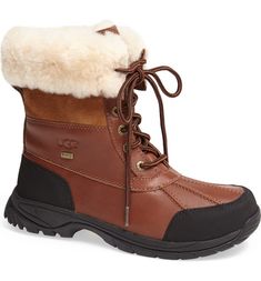 Free shipping and returns on UGG® Butte Waterproof Boot at Nordstrom.com. Waterproof leather boot is designed to handle all the elements, with a rugged Vibram® outsole. The soft, cozy lining is made from faux fur and plush UGGpure™, a textile made entirely from wool but crafted to feel and wear like genuine shearling. Ugg Adirondack, Boots Outfit Men, All Weather Boots, Waterproof Leather Boots, Ugg Boots Australia, Boating Outfit, Waterproof Snow Boots, Mens Snow Boots, Mens Uggs