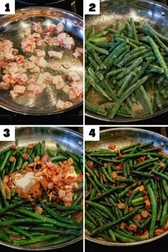 four pictures show how to cook green beans and onions in a skillet with bacon