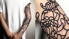 a man's arm with black ink and an intricate flower design on the arm