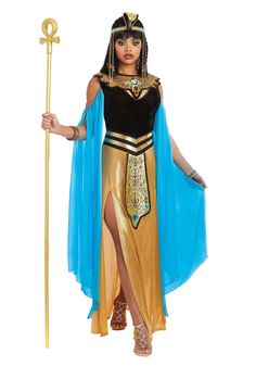 Walk Like an Egyptian The classic independent woman, Cleopatra ruled Egypt as the last true pharaoh for nearly 30 years. Her name goes hand in hand with proud Egyptian leaders. Even today, people hear "Cleopatra" and they think drama, beauty, and class. She believed she was a living goddess, and so can you when you don this epic Halloween costume. An elegant dress with billowing sleeves, an attached apron, and wide, bold collar will have the wearer feeling pretty divine themselves. Product Detai Egyptian Queen Costume, Egyptian Goddess Costume, Black And Gold Gown, Cleopatra Halloween Costume, Cleopatra Halloween, Epic Halloween Costumes, Authentic Costumes, Queen Cleopatra, Black Velvet Top