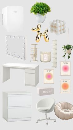 an assortment of white furniture and decor on a gray background, including a desk, chair, mirror, plant, vase, lamp, wall hangings