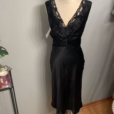 Nwt Authentic 100% Silk. Lbr Chic Black Silk V-neck Dress, Black Silk Satin V-neck Dress, Vintage Black Silky Maxi Dress, Luxury Black Satin Finish Slip Dress, Luxury Black Midi V-neck Dress, Black Silk Dress, Alberta Ferretti, Long Gown, Philosophy