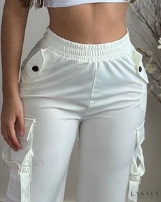 Lasaky - Womens High-Waisted Cargo Pants with Functional Pocket Design White High-waisted Bottoms With Cargo Pockets, High Waist White Bottoms With Cargo Pockets, White High Waist Bottoms With Cargo Pockets, White Cargo Pocket Trousers, White Baggy Mid-rise Pants, High Waist White Pants With Belt Loops, High-waist White Pants With Belt Loops, White Stretch High Waist Cargo Pants, White Mid-rise Bottoms With Pockets