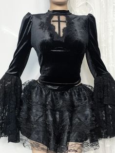 Unleash your inner confidence with our stunning See-through Cross Top! The shrug shoulders add a touch of elegance, while the rose lace patchwork sleeves create a romantic feel. Made with a blend of polyester and spandex, this top is both comfortable and chic. Perfect for making a statement! See-through cross, Shrug sh Fitted Gothic Top With Lace Sleeves, Gothic Fitted Lace Tops, Gothic Stretch Lace Tops, Gothic Lace Top For Fall, Gothic Lace Tops For Fall, Gothic Tops With Lace Trim For Fall, Gothic Lace Top With Lace Trim For Party, Fitted Gothic Lace Top, Gothic Lace Trim Top For Party