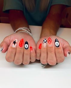 All Posts • Instagram Harley Davidson Nails Designs Art Ideas, Nail Ideas Acrylic Western, Acrylic Nails With Different Designs On Each Nail, Fun Retro Nails, Super Fun Nails, Funky Nails With Gems, West Coast Nails, Red White And Blue Aura Nails, Jessie Murph Nails