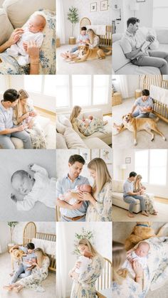 a collage of photos with people sitting on the couch and holding their baby in front of them