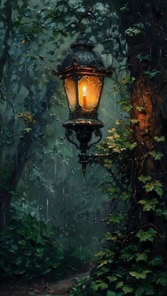 a painting of a lantern in the rain