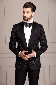 Black full sleeves shawl lapel collar tuxedo with all over celeste bloom embroidery using tonal cutdana and nalki highlights. Paired with a trouser. - Aza Fashions Elegant Tuxedo For Black-tie Festive Events, Long Sleeve Tuxedo For Black-tie And Festive Events, Festive Long Sleeve Tuxedo For Black-tie Events, Fitted Blazer For Black-tie Festive Events, Festive Tuxedo For Black-tie Events, Festive Fitted Blazer For Black-tie Events, Festive Tailored Tuxedo For Black-tie Events, Festive Fitted Tuxedo For Black-tie Events, Black Evening Suit With Shawl Collar