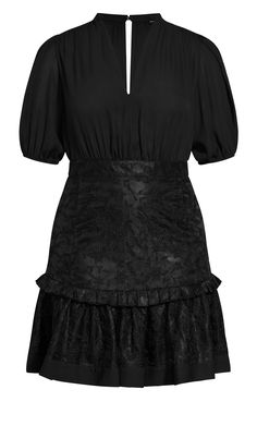 Unique, sophisticated and sexy, the Harmony Dress knows how to turn heads. Featuring a deep V-neckline, short puff sleeves, a fitted waist and a frilled kick to the hemline, this gorgeous dress is a cocktail party essential. Key Features Include: - V-neckline - Short puff sleeves with elasticated cuffs - Fitted waistline - Lace panelled skirt - Frilled kick to hemline - Button-down fastenings to reverse - Pull-over style - Mini-length Style this dress with a strappy pair of black heels to top of Panelled Skirt, Plus Size Black Dresses, Party Dress Sale, Paneled Skirt, Frill Dress, Date Night Dresses, Plus Size Kleidung, How To Turn, Mini Dresses Summer