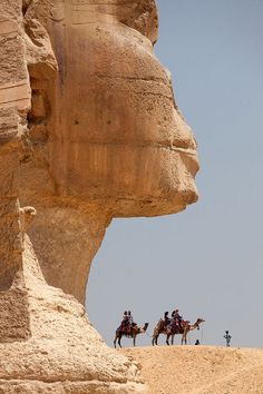 three people riding on camels in front of an ancient sphinx and head with the sky behind them