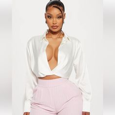 Sexy Ivory Satin Blouse, Brand New, Never Worn, Tag On. Black Ruffle Top, Versace Style, Ivory Blouse, Fashion Nova Tops, Striped Bodysuit, Satin Blouse, Black Ruffle, Crop Blouse, Fitted Skirt