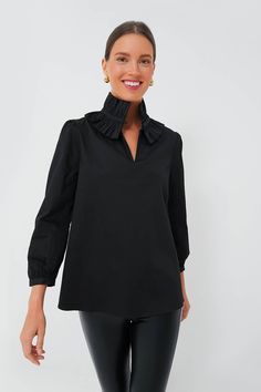 Black Ruffle Neck Bouvier Blouse | Tuckernuck Cocktails With Friends, Colorful Clutch, 2024 Outfits, Oversized Shirts, Cotton Poplin Fabric, Bold Accessories, Dress Drawing, Plus And Minus, Perfect Wardrobe