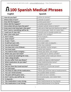 the spanish medical phrases worksheet is shown in red and white, with an image of