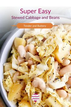 A large bowl of stewed cabbage and beans with apples. Cabbage And Cannelli Beans, Beans And Cabbage Recipe, Cabbage And Beans, Cabbage With Apples, Stewed Cabbage, Creamy White Beans, Roast Pumpkin Salad, Vegetarian Barbecue, Braised Cabbage