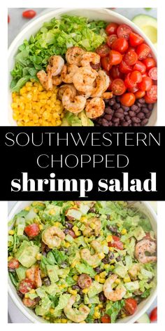 southwest chopped shrimp salad with lettuce, tomatoes and black beans