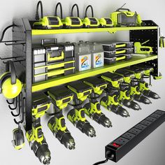 a shelf filled with lots of different types of electrical tools and equipment on it's sides