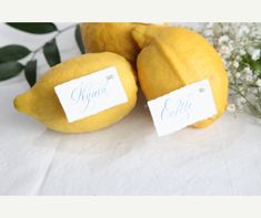 two lemons with price tags on them sitting next to flowers