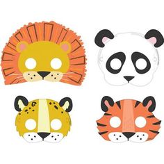 four different animal masks are shown in the shape of lions, tigers and pandas