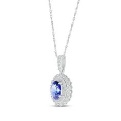 Sure to please, the dainty look of this tasteful pendant is a meaningful anytime gift. Crafted in sterling silver An oval-cut blue lab-created sapphire gleams at the center Two rows of round-cut white lab-created sapphires create a scallop-edged halo around the centerpiece More white lab-created sapphires shimmer along the bail The 18-inch rope chain secures with a spring ring clasp Blue Oval Pendant Necklace For Anniversary, Formal Blue Oval Pendant Necklace, Blue Birthstone Necklace With Oval Pendant, Blue Oval Pendant Necklace With Birthstone, Blue Oval Birthstone Necklaces, Blue Oval Birthstone Necklace, Classic Blue Teardrop Pendant Jewelry, Classic Blue Round Pendant Necklace, Halo Necklace