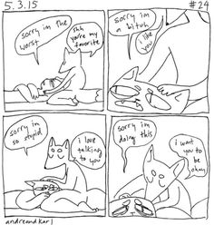 a comic strip with an image of two cats and one cat laying on the ground